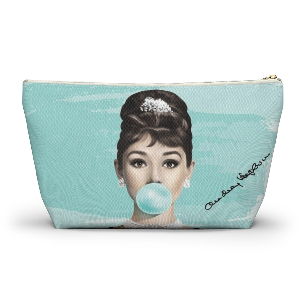 Audrey Hepburn Cosmetic Pouch w T-bottom, Accessory Pouch, Blue Green Signature