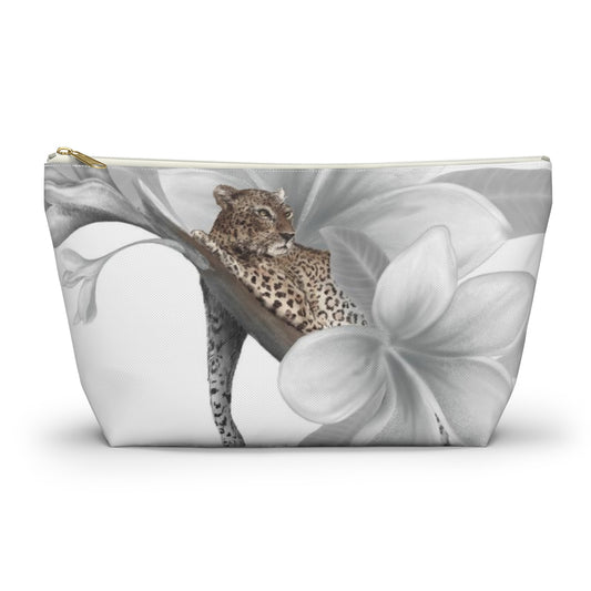 Leopard Cosmetic Pouch w T-bottom, Accessory Pouch - Leopard White Plumeria