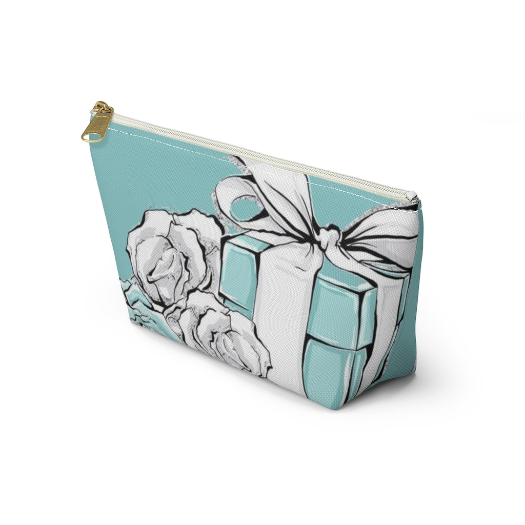 Little Blue Box Cosmetic Pouch w T-bottom, Accessory Pouch, Blue Green Rose Jewelry Box