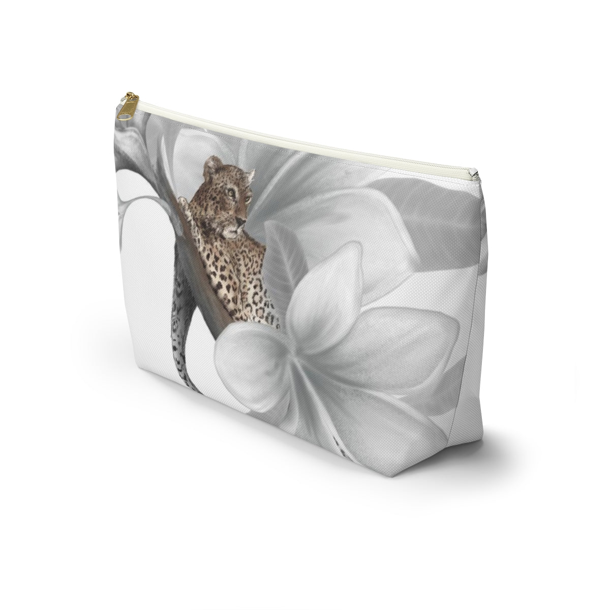 Leopard Cosmetic Pouch w T-bottom, Accessory Pouch - Leopard White Plumeria