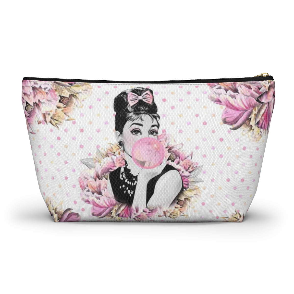 Audrey Hepburn Bubblegum Cosmetic Pouch w T-bottom, Accessory Pouch, Pink Polka Dot