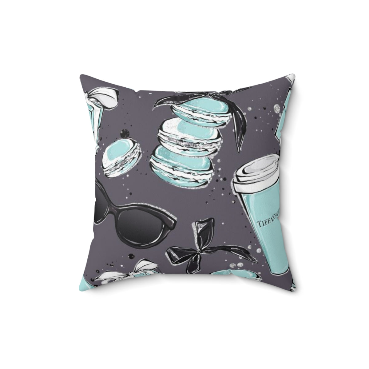 Personalized Coffee and Macarons Happy Pillow - Blue Green Grey Breakfast at Tiffany