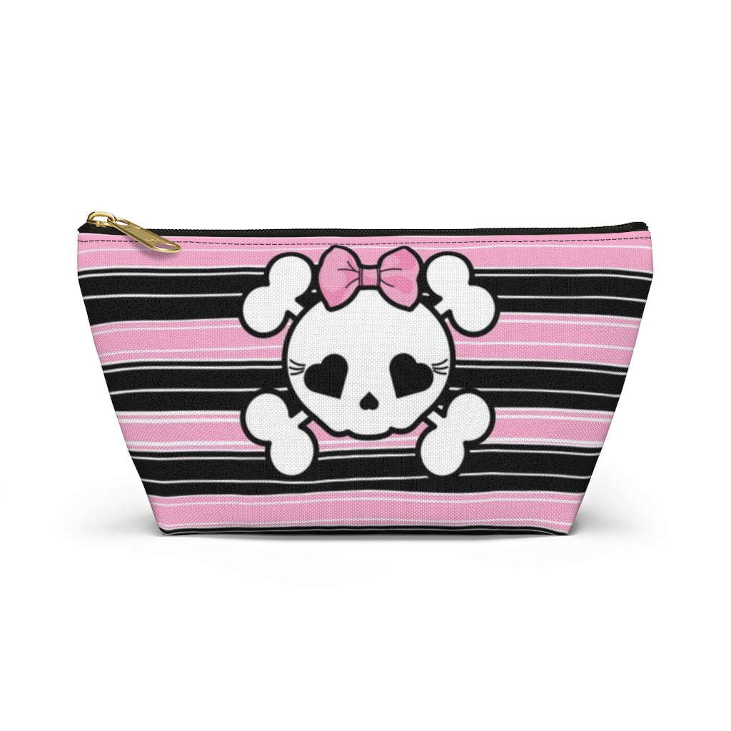 Candy Skull Cosmetic Pouch w T-bottom, Accessory Pouch, Pink Black Stripe