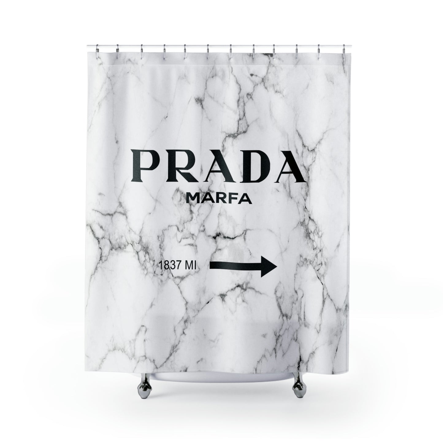 1837 MILES to MARFA White Marble Shower Curtain - Designer Shower Curtain - Marfa Texas Fashion Art Installation Sign