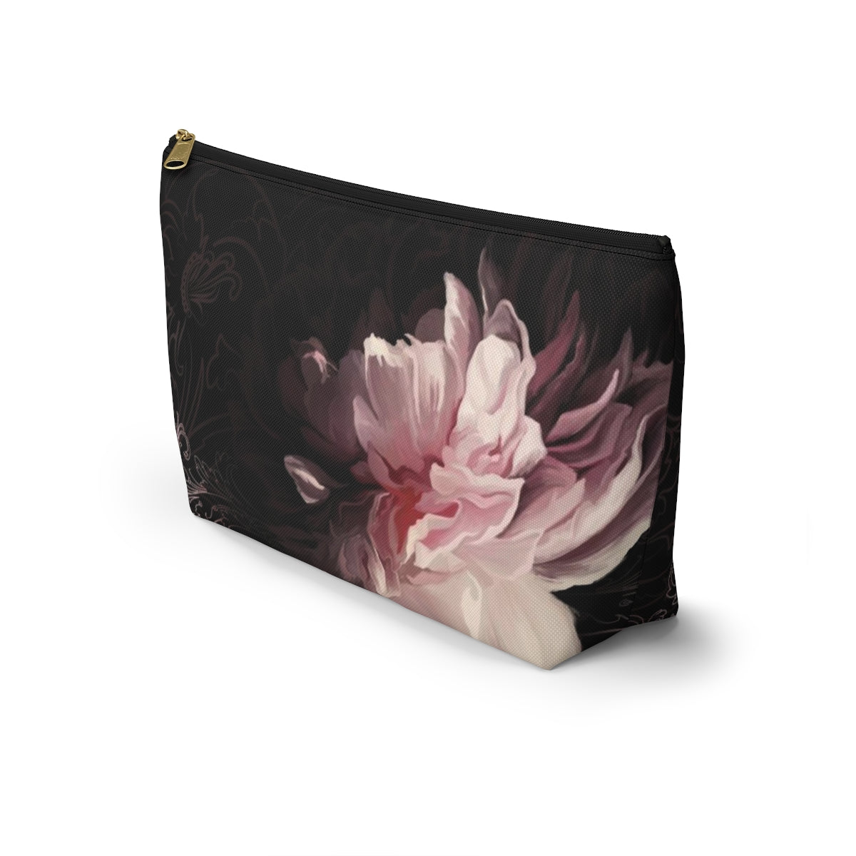 Peony Cosmetic Pouch w T-bottom, Accessory Pouch, Pink Scroll