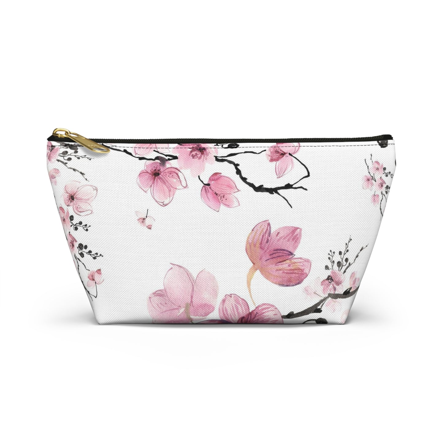 Sakura Cosmetic Pouch w T-bottom, Accessory Pouch - Pink Watercolor Cherry Blossom Makeup Bag