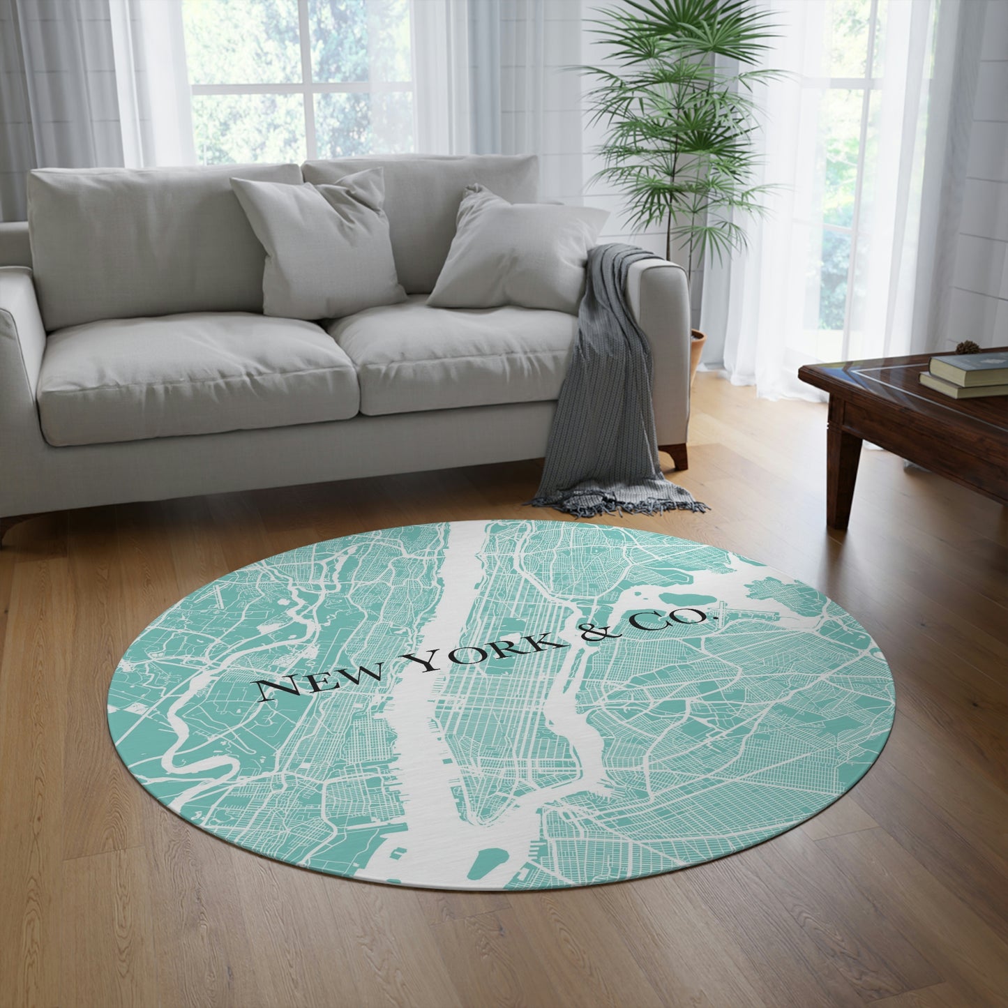 New York Map Round Chenille Round Rug - 60 Inch Floor Mat - Custom and Personalized Rug - Your City & Co.