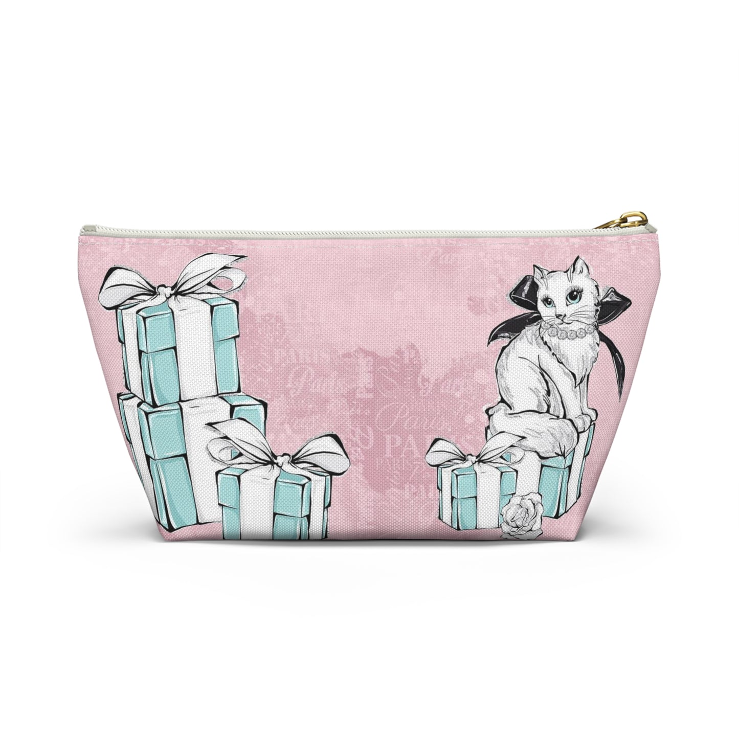 Personalized Kitty Cat Cosmetic Pouch w T-bottom, Accessory Pouch, Cat Lovers Little Blue Gift Box - Paris Pink