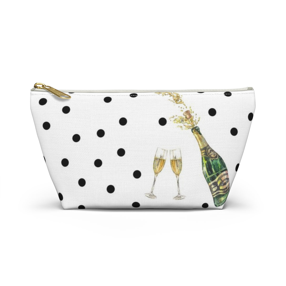 Personalized Champaign Cosmetic Pouch w T-bottom, Accessory Pouch, Celebration Polka Dot