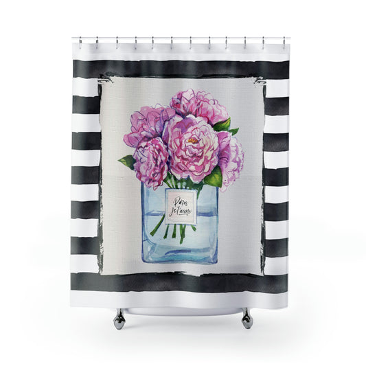 Paris with Love Shower Curtain - Pink Peony Bouquet Designer Shower Curtain - Fashion Bathroom Curtain