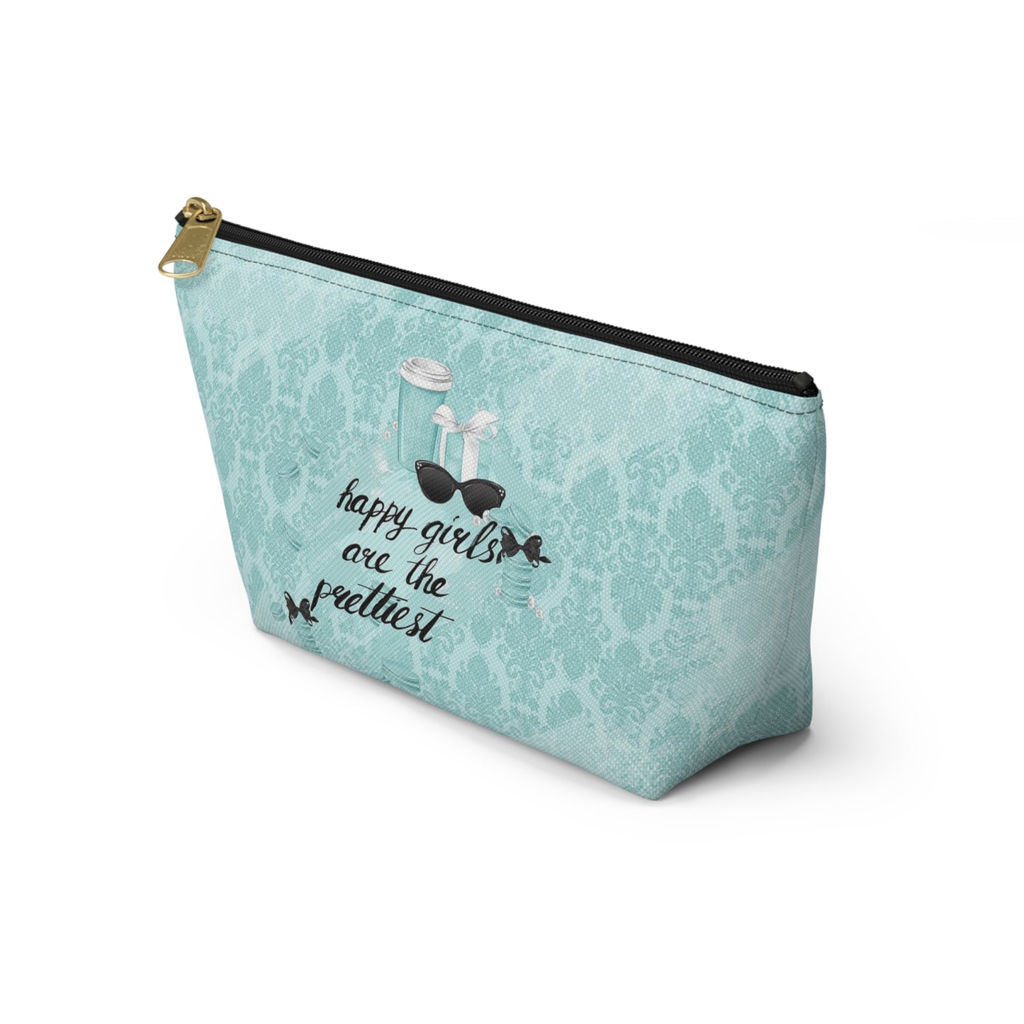 Happy Girls are the Prettiest Cosmetic Pouch w T-bottom, Accessory Pouch, Breakfast at Tiffany