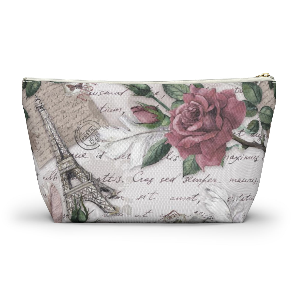 Eiffel Tower Cosmetic Pouch w T-bottom, Accessory Pouch - Pink Rose Love Letters from Paris