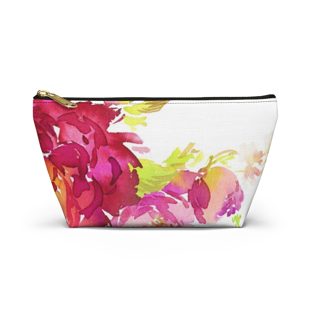 Bright Floral Cosmetic Pouch w T-bottom, Accessory Pouch, Pink