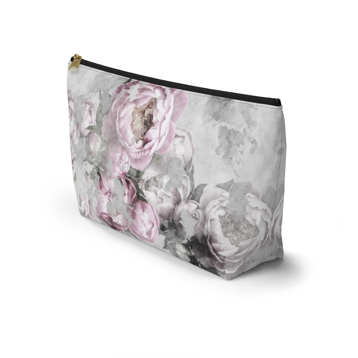 Peony Cosmetic Pouch w T-bottom, Accessory Pouch, Antiqued Pink and Grey