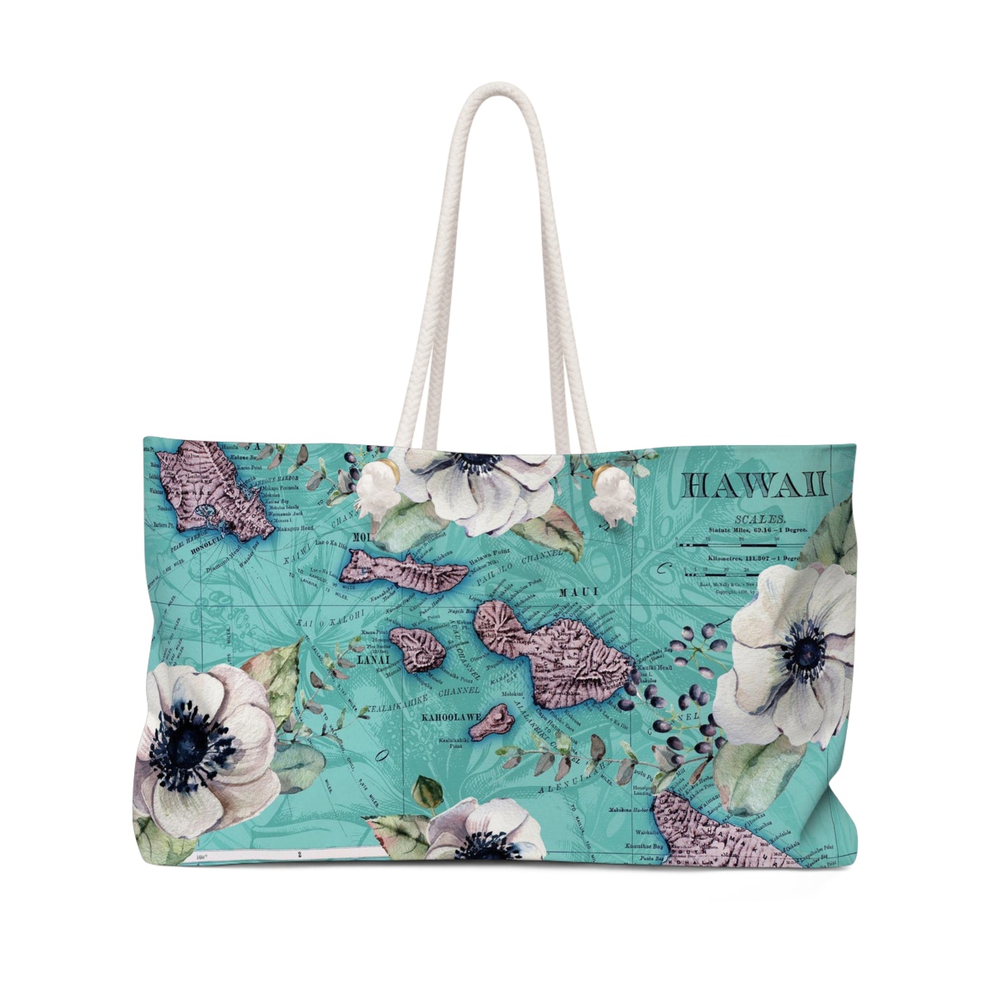 Hawaiian Floral Weekender Bag - Map of Hawaii Vacation Tote Bag