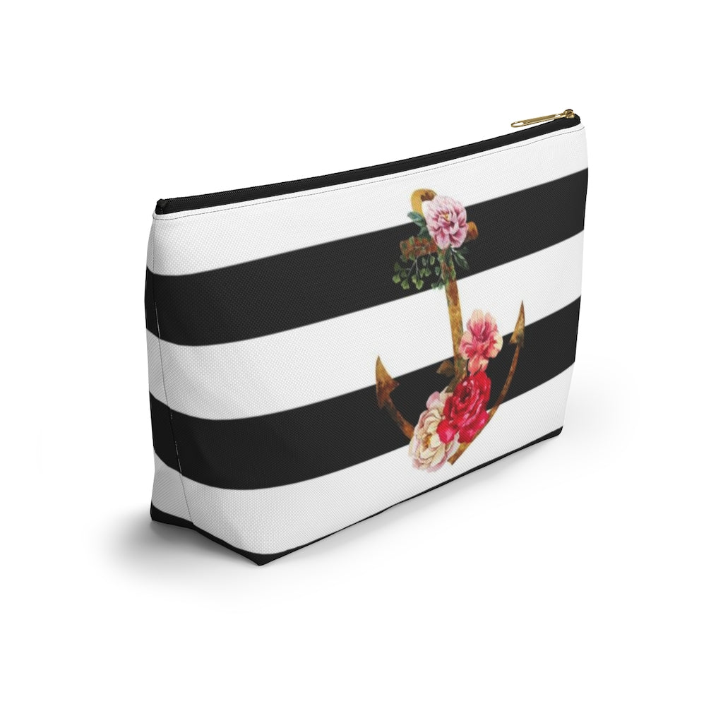 Nautical Cosmetic Pouch w T-bottom, Accessory Pouch, Anchor Flower Stripe