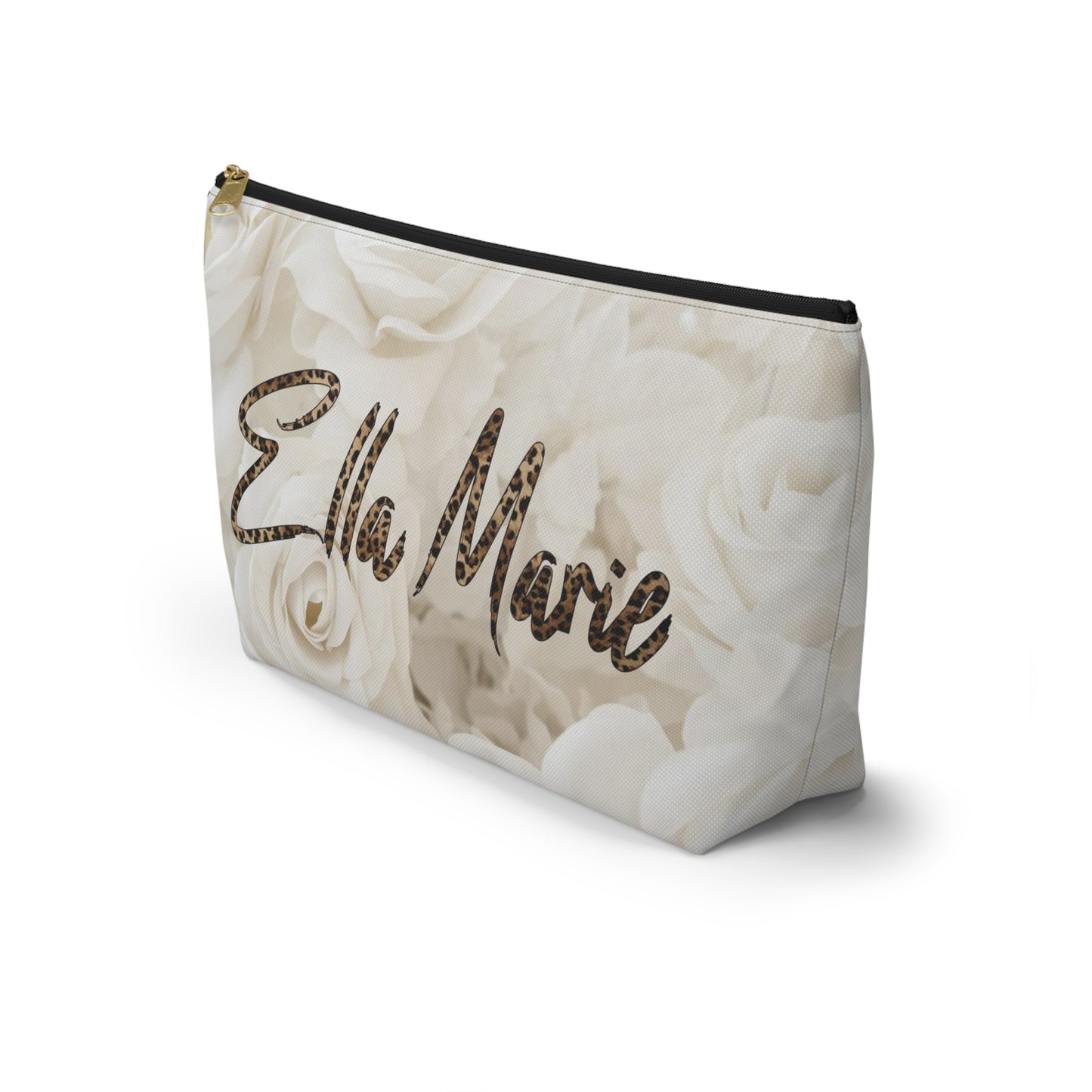 Personalized Cream Rose Cosmetic Pouch w T-bottom, Accessory Pouch - Off White Rose Leopard Print