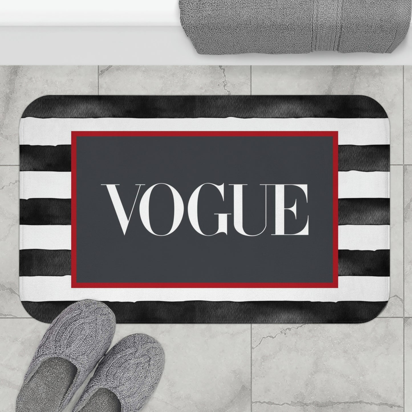 VOGUE Stripe Bath Mat - Fashion Inspired Floor Mat - Black, White & Red Bathroom Shower Mat