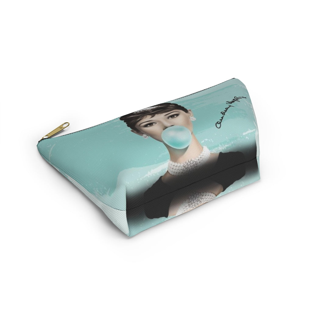 Audrey Hepburn Cosmetic Pouch w T-bottom, Accessory Pouch, Blue Green Signature