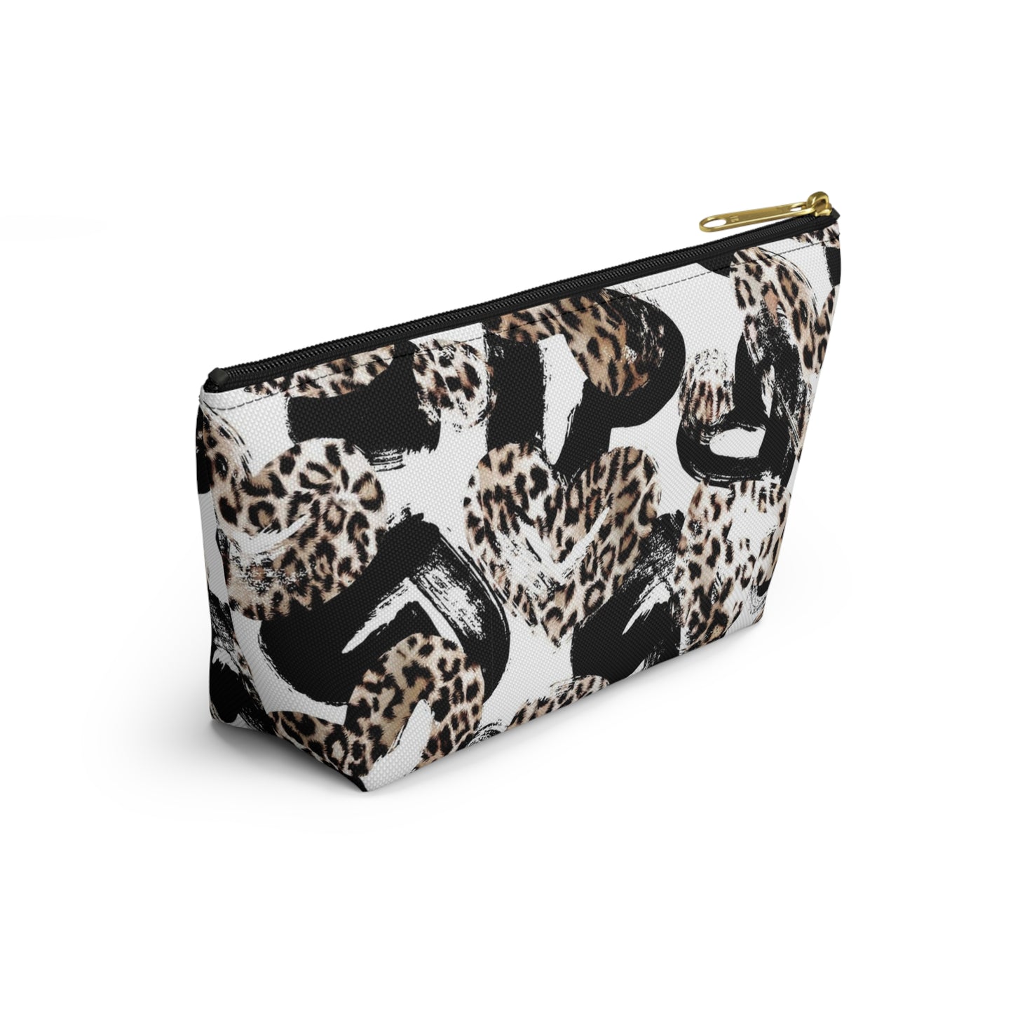 Personalized Leopard Hearts Cosmetic Pouch w T-bottom, Accessory Pouch