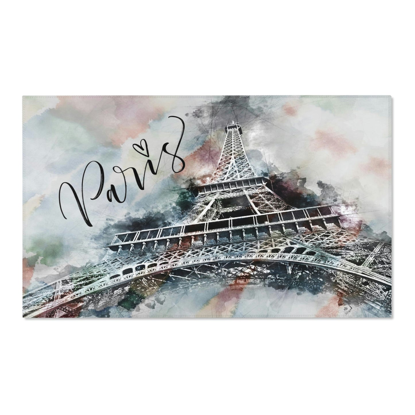 Eiffel Tower Area Rug - Distressed Earth-tone Paris Heart Floor Mat - Custom Designer Area Rug