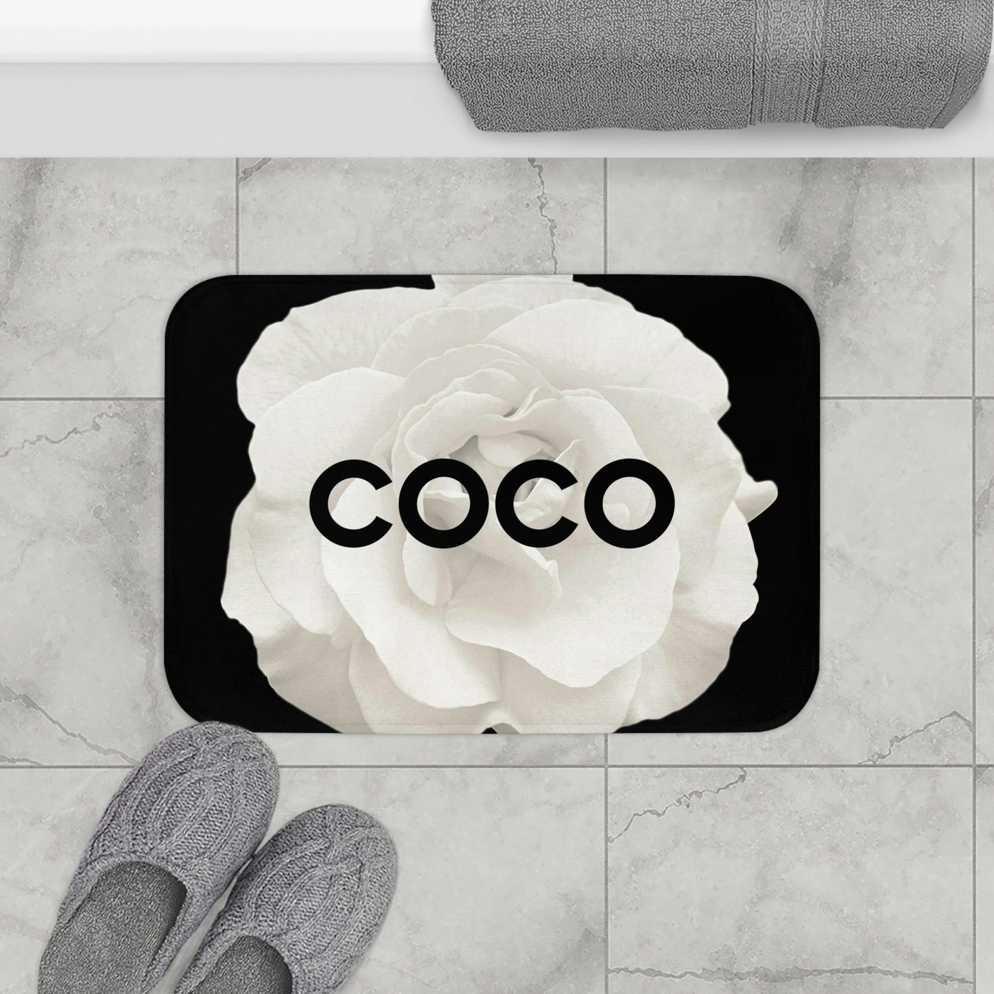 Personalized COCO Rose Bath Mat - Fashion Floor Mat - Designer COCO Cream Rose Bathroom Shower Mat