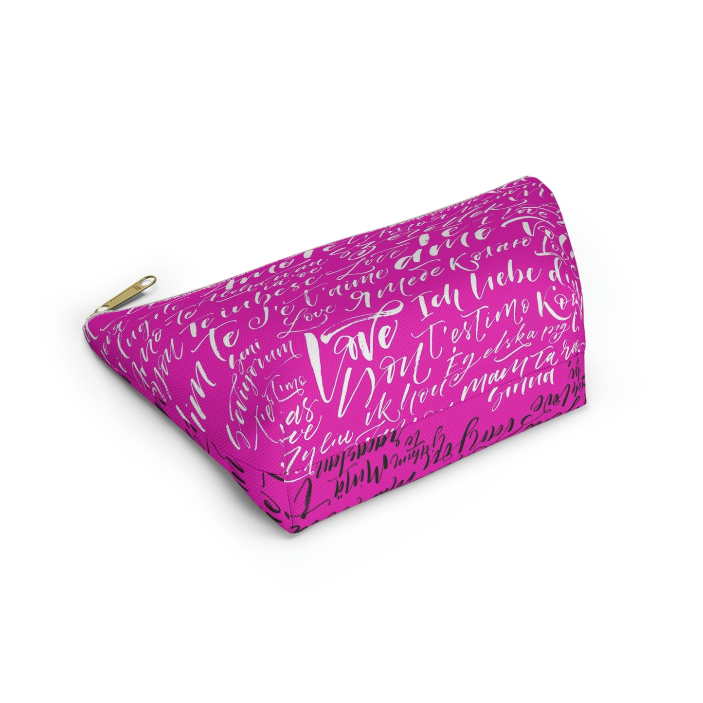 Hot Pink Love Language Cosmetic Pouch w T-bottom, Accessory Pouch - I love you Bag