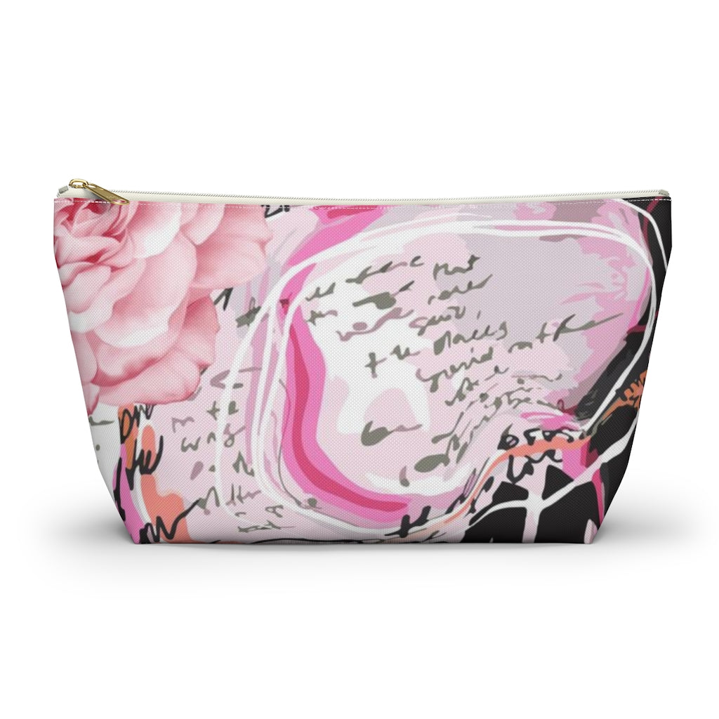 Abstract Rose Cosmetic Pouch w T-bottom, Accessory Pouch, Pink and Orange