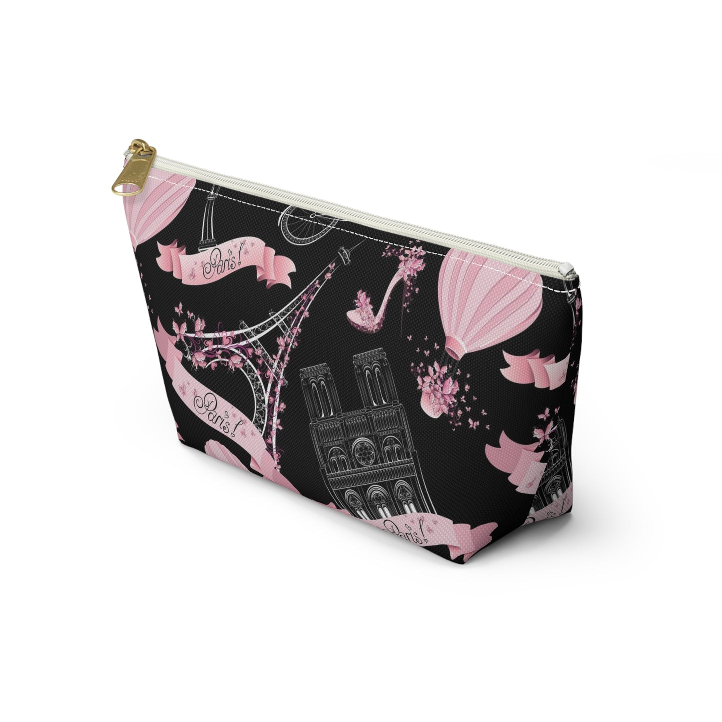 Whimsy in Paris Cosmetic Pouch w T-bottom, Accessory Pouch - Pink and Black Eiffel Tower Paris France Pouch