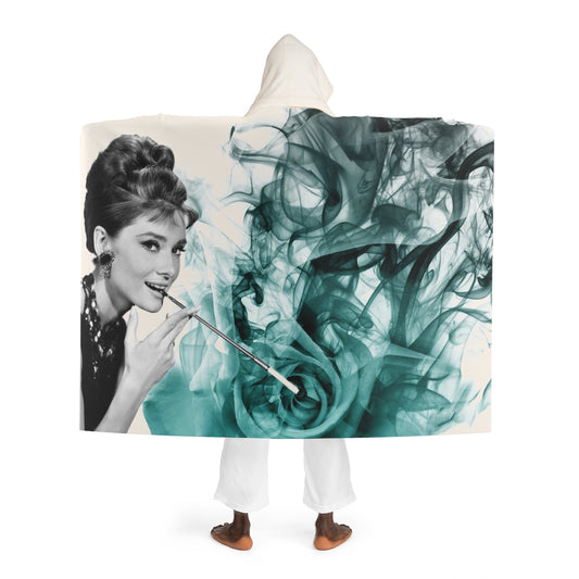 Audrey Hepburn Hooded Sherpa Fleece Blanket, Hooded Shrug -Teal Rose Smoke