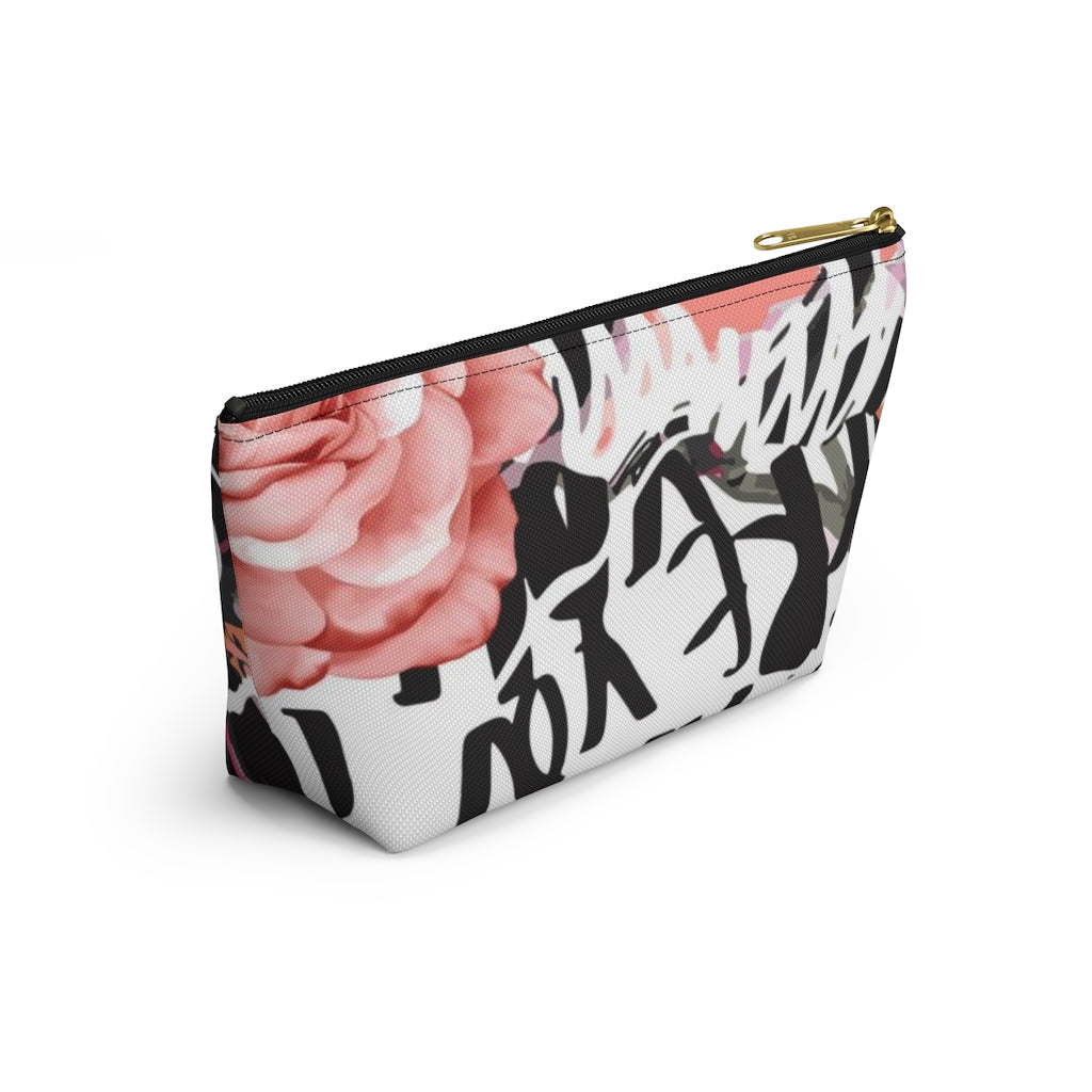 Abstract Rose Cosmetic Pouch w T-bottom, Accessory Pouch, Pink and Orange