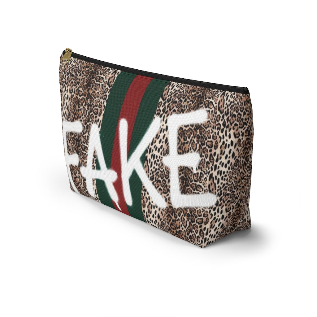 FAKE Fashion Cosmetic Pouch w T-bottom, Accessory Pouch, Leopard Red Green Stripe