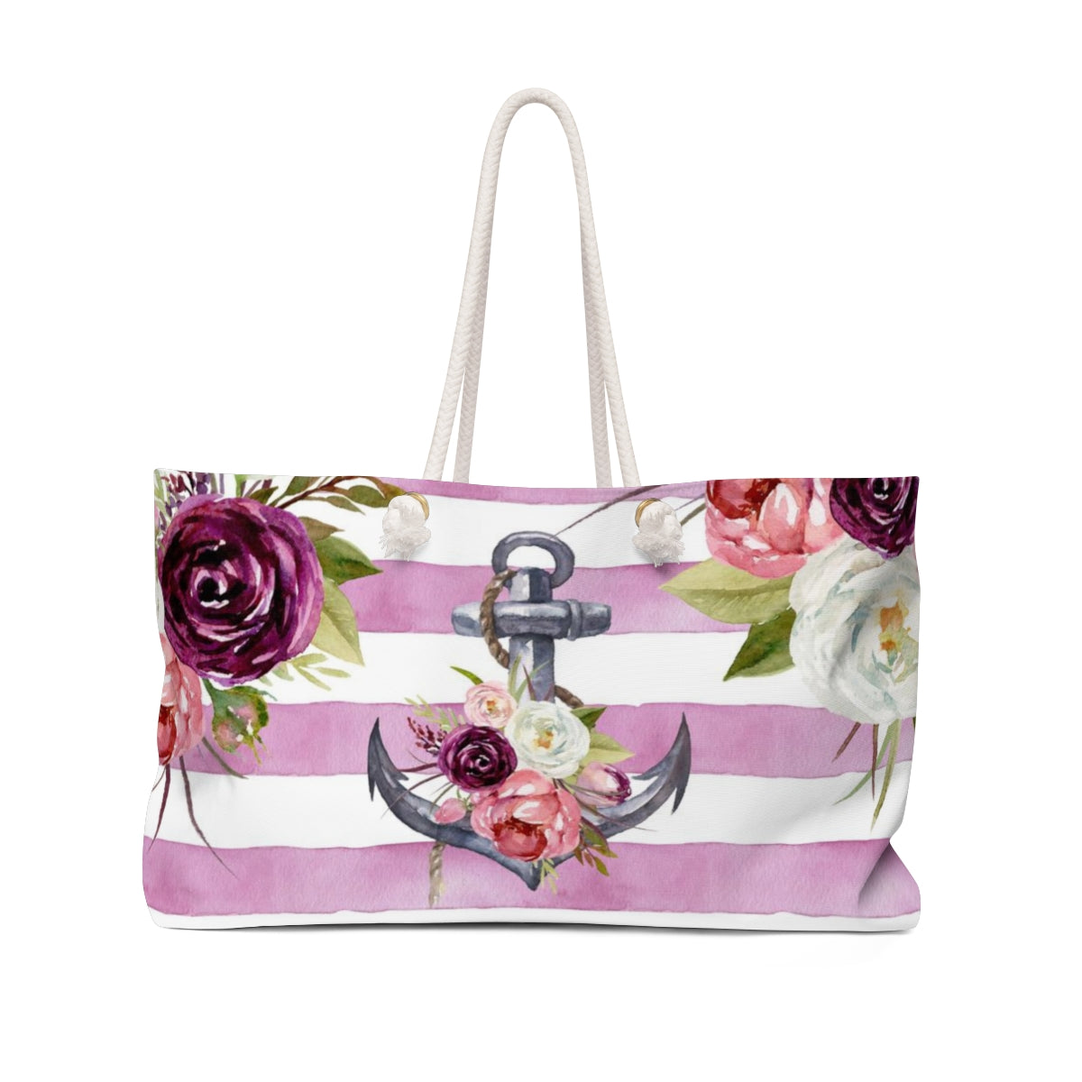 Personalized Anchor Beach Bag - Weekender Bag, Rope Tote - Pink and Purple Anchor Stripe Tote Bag