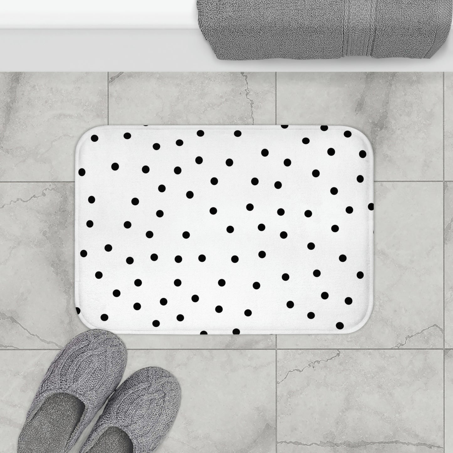 Personalized Polka Dot Bath Mat - Fashion Inspired Floor Mat - Black & White Bathroom Shower Mat