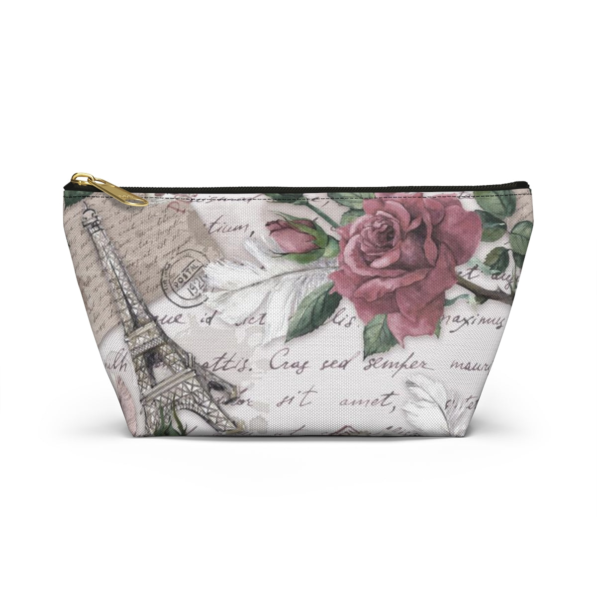 Eiffel Tower Cosmetic Pouch w T-bottom, Accessory Pouch - Pink Rose Love Letters from Paris