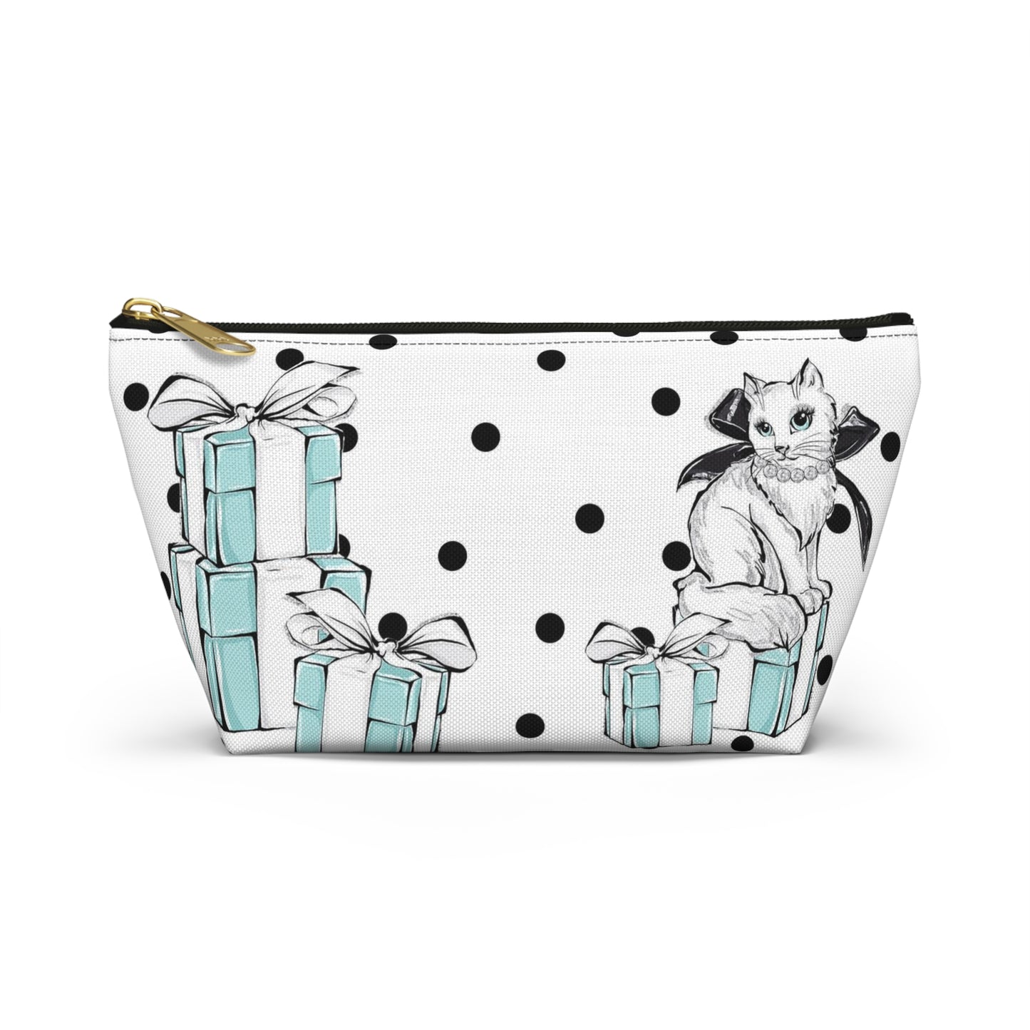 Personalized Kitty Cat Cosmetic Pouch w T-bottom, Accessory Pouch, Cats Polka Dot Breakfast at Tiffany