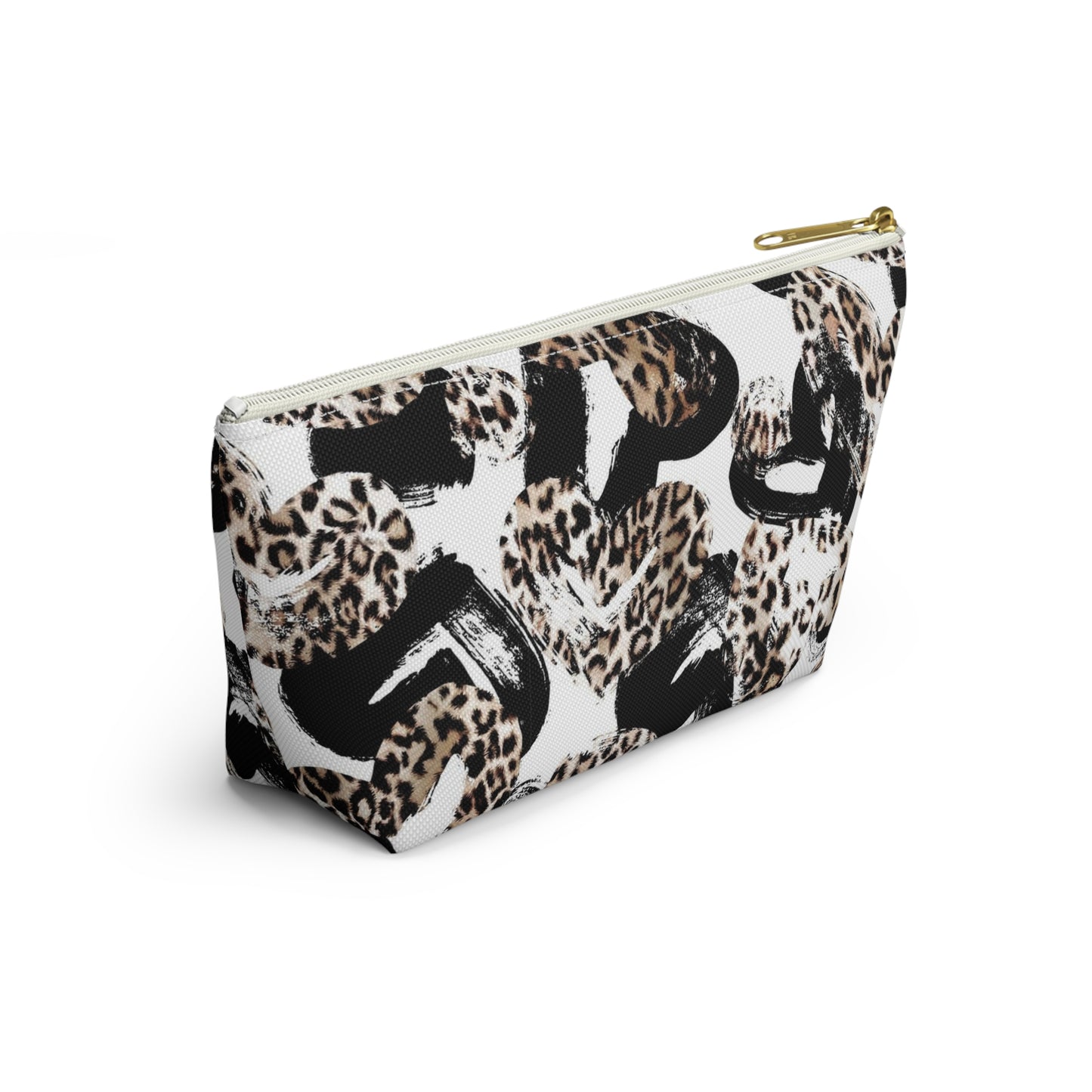 Personalized Leopard Hearts Cosmetic Pouch w T-bottom, Accessory Pouch