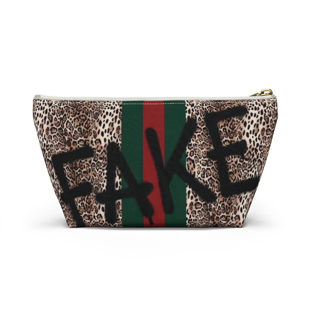 FAKE Fashion Cosmetic Pouch w T-bottom, Accessory Pouch, Leopard Red Green Stripe