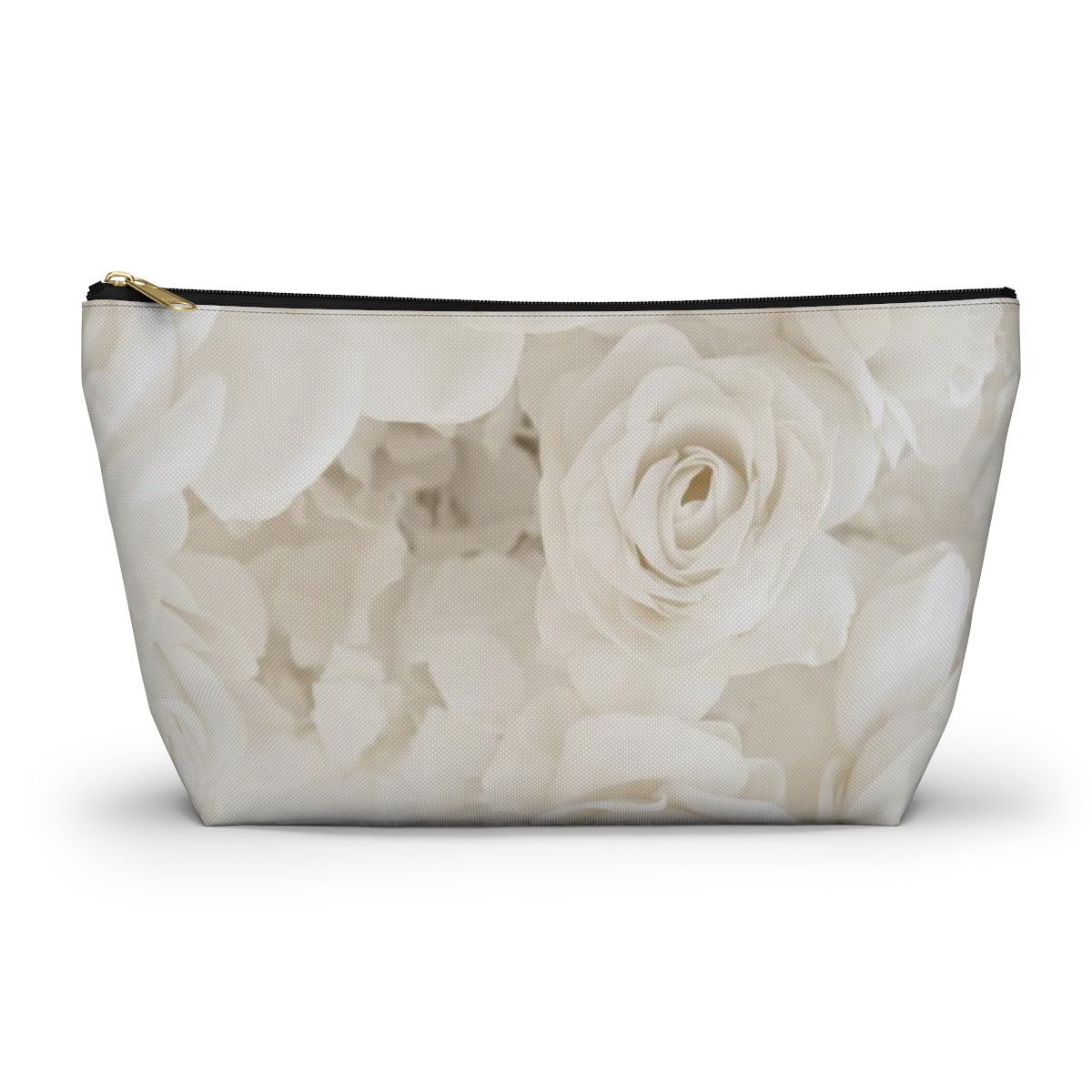 Personalized Cream Rose Cosmetic Pouch w T-bottom, Accessory Pouch - Off White Rose Leopard Print