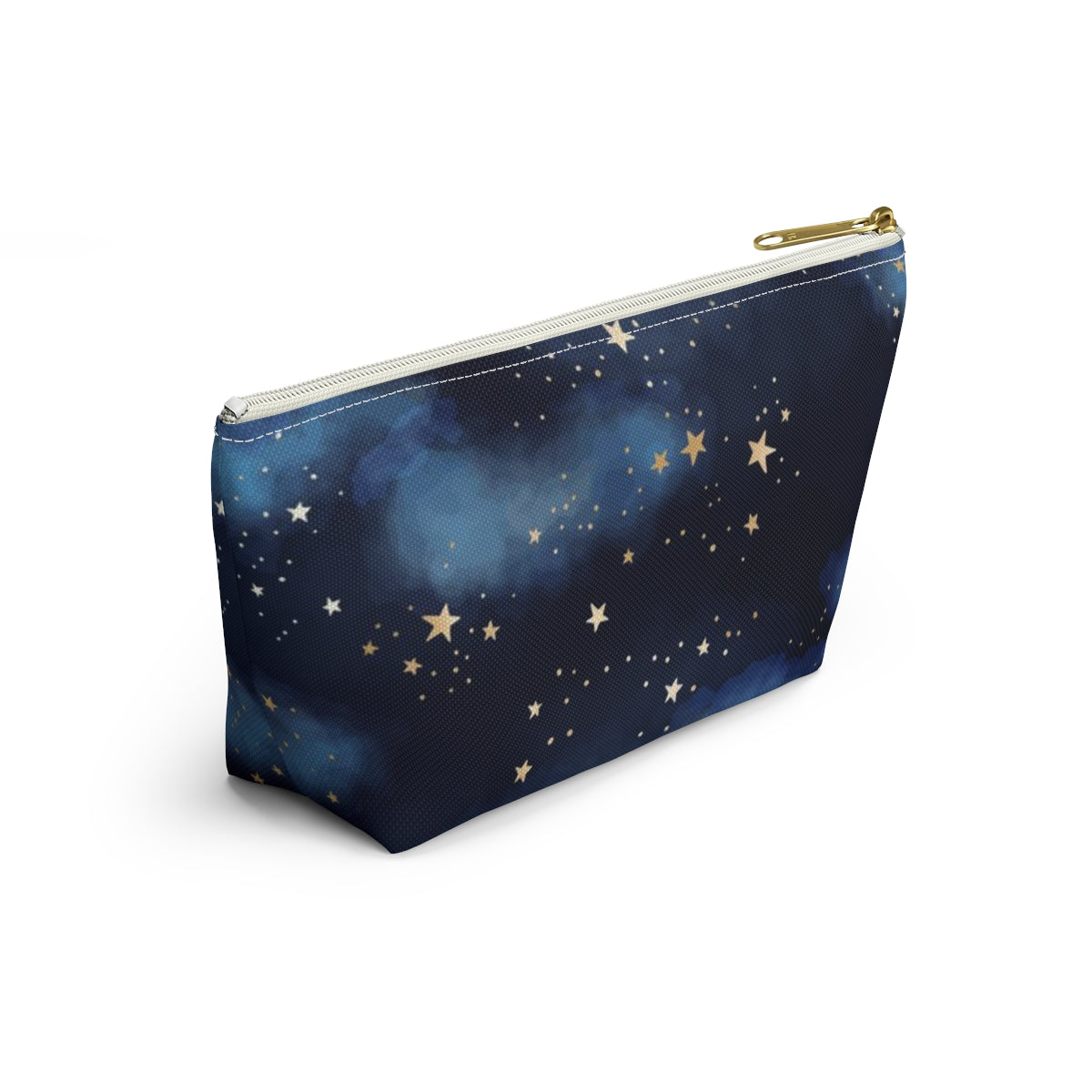 Personalized Starry Night Cosmetic Pouch w T-bottom, Accessory Pouch - Midnight Blue Clouds Gold Stars