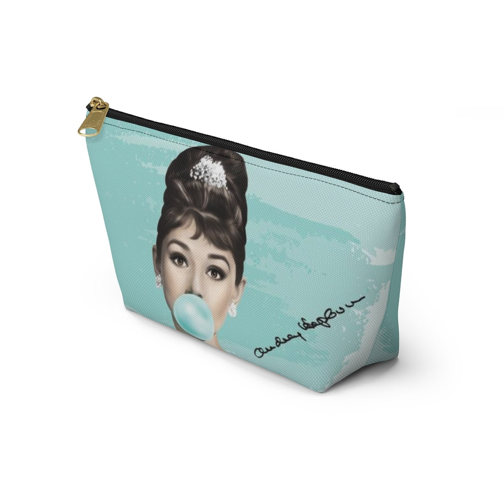 Audrey Hepburn Cosmetic Pouch w T-bottom, Accessory Pouch, Blue Green Signature