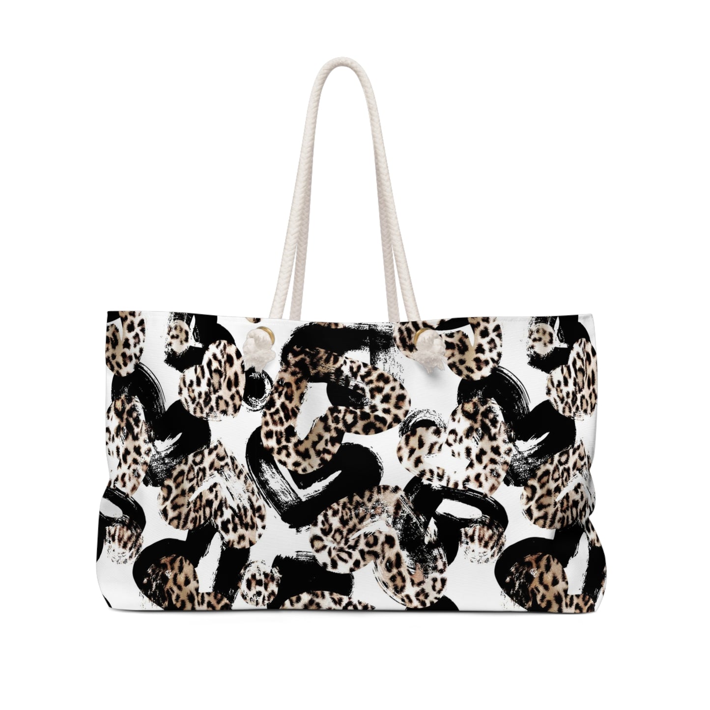 Leopard Hearts Tote Bag - Weekender Bag, Rope Tote - Leopard and Black Paint Heart Bag