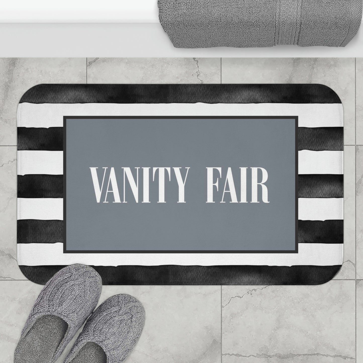 VANITY FAIR Stripe Bath Mat - Fashion Inspired Floor Mat - Black, White & Blue Bathroom Shower Mat