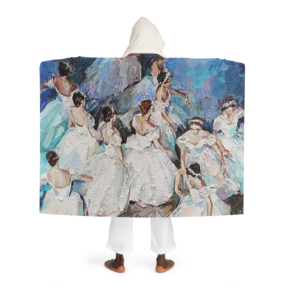 Ballet Hooded Sherpa Fleece Blanket, Hooded Shrug - Blue Ballerinas Oil Painting