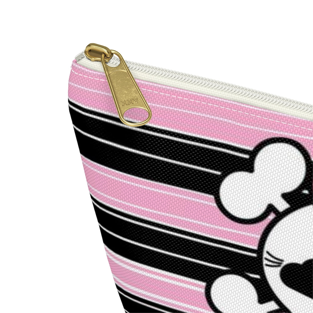 Candy Skull Cosmetic Pouch w T-bottom, Accessory Pouch, Pink Black Stripe