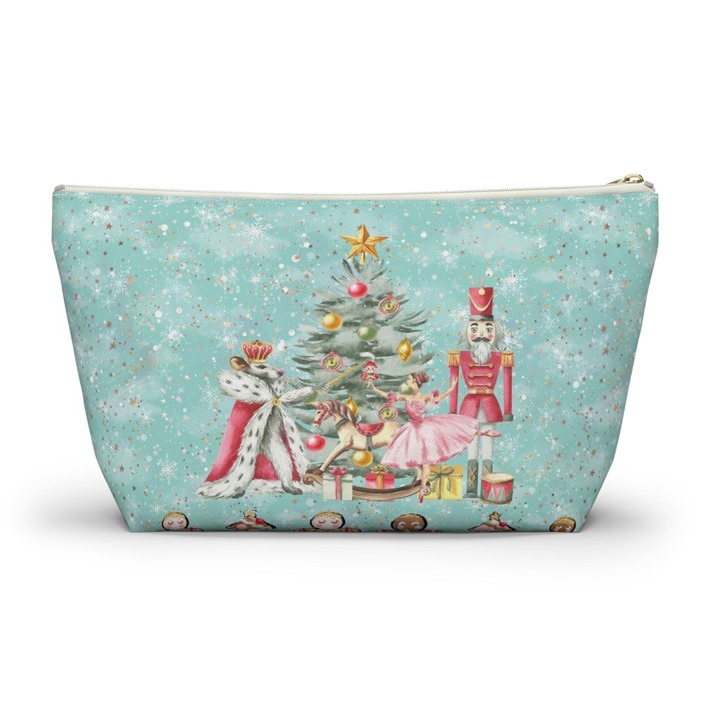 Nutcracker Gingerbread Cosmetic Pouch w T-bottom, Accessory Pouch - Blue Green Snowflake Nutcracker Ballet Makeup Bag