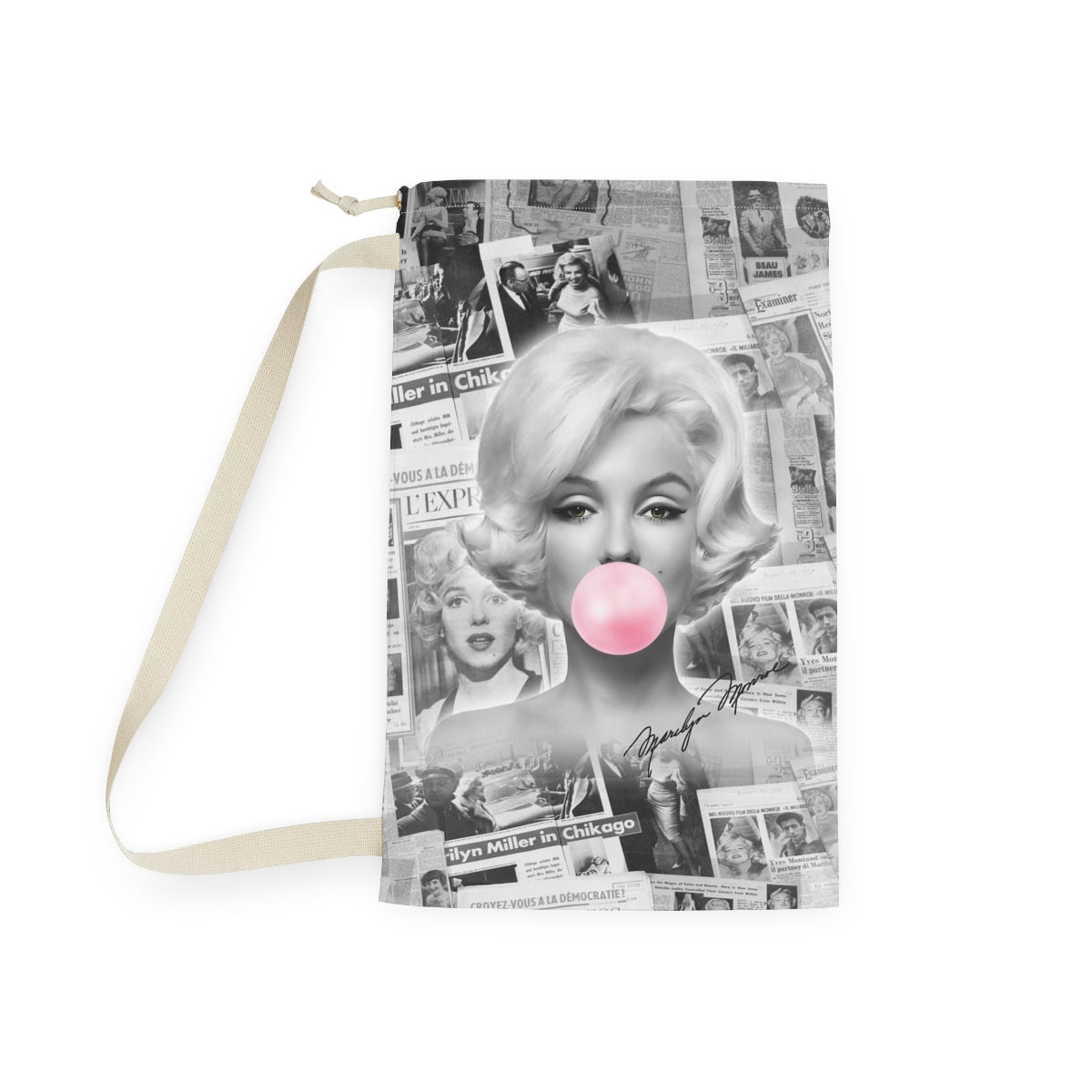 Marilyn Monroe Sack, Laundry Sack, Santa Sack, Dust Bag, Gift Sack - Marilyn Bubblegum Pink International News Bag