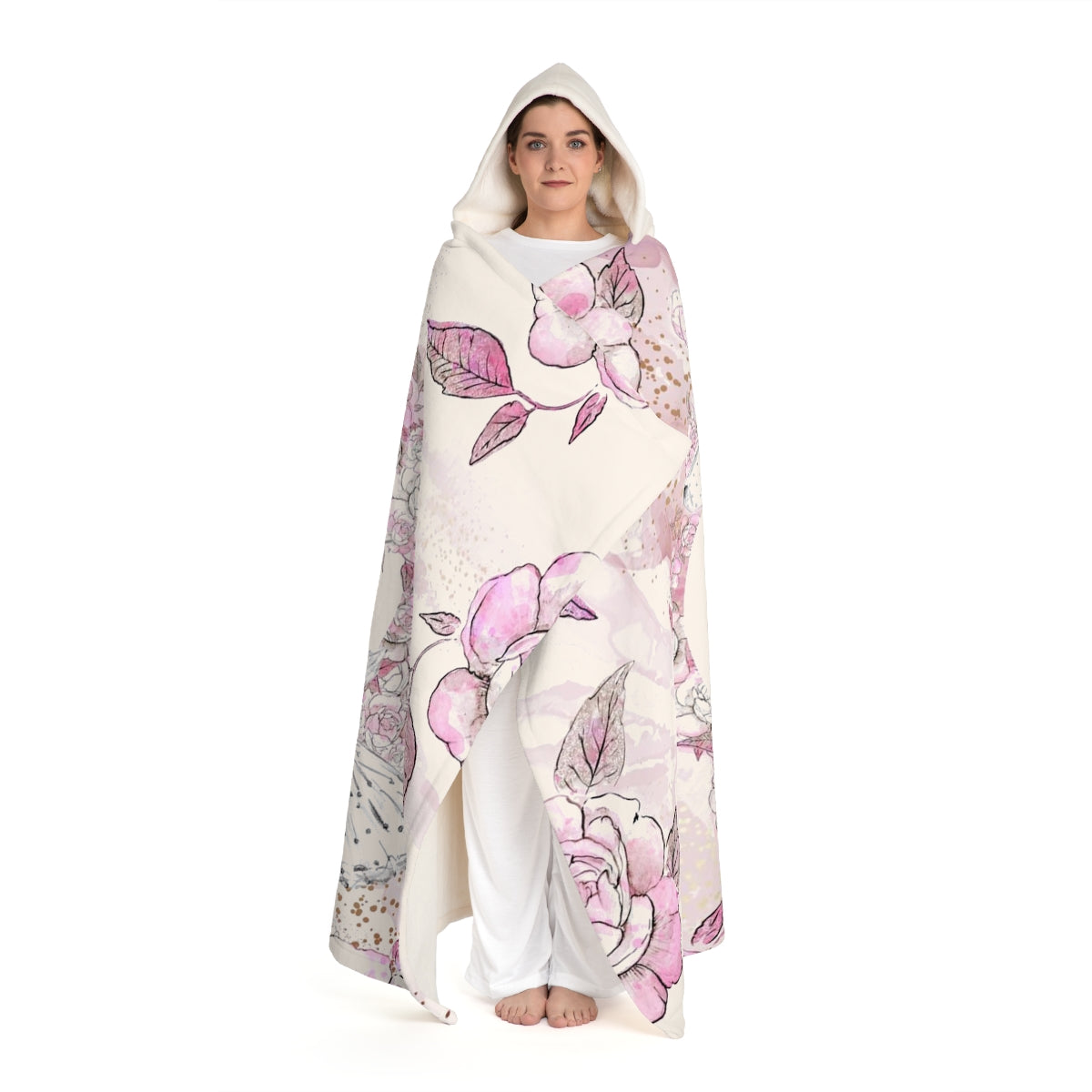 Ballet Hooded Sherpa Fleece Blanket, Hooded Shrug - Pink Peony Ballerina White Swan