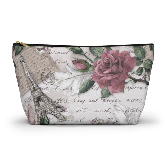 Eiffel Tower Cosmetic Pouch w T-bottom, Accessory Pouch - Pink Rose Love Letters from Paris