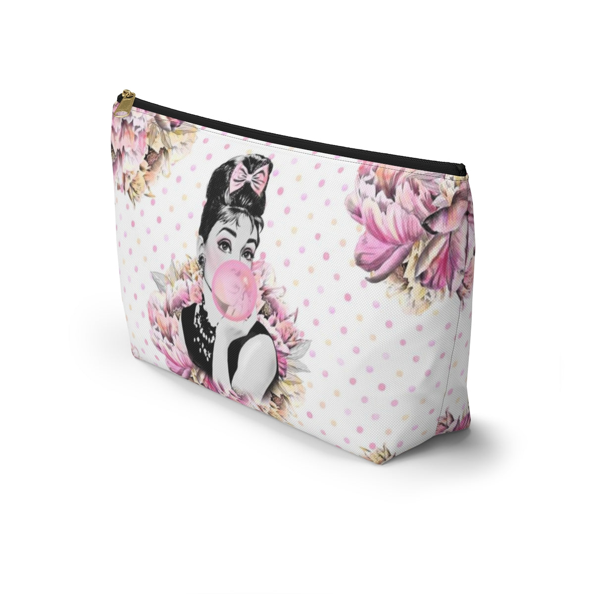 Audrey Hepburn Bubblegum Cosmetic Pouch w T-bottom, Accessory Pouch, Pink Polka Dot